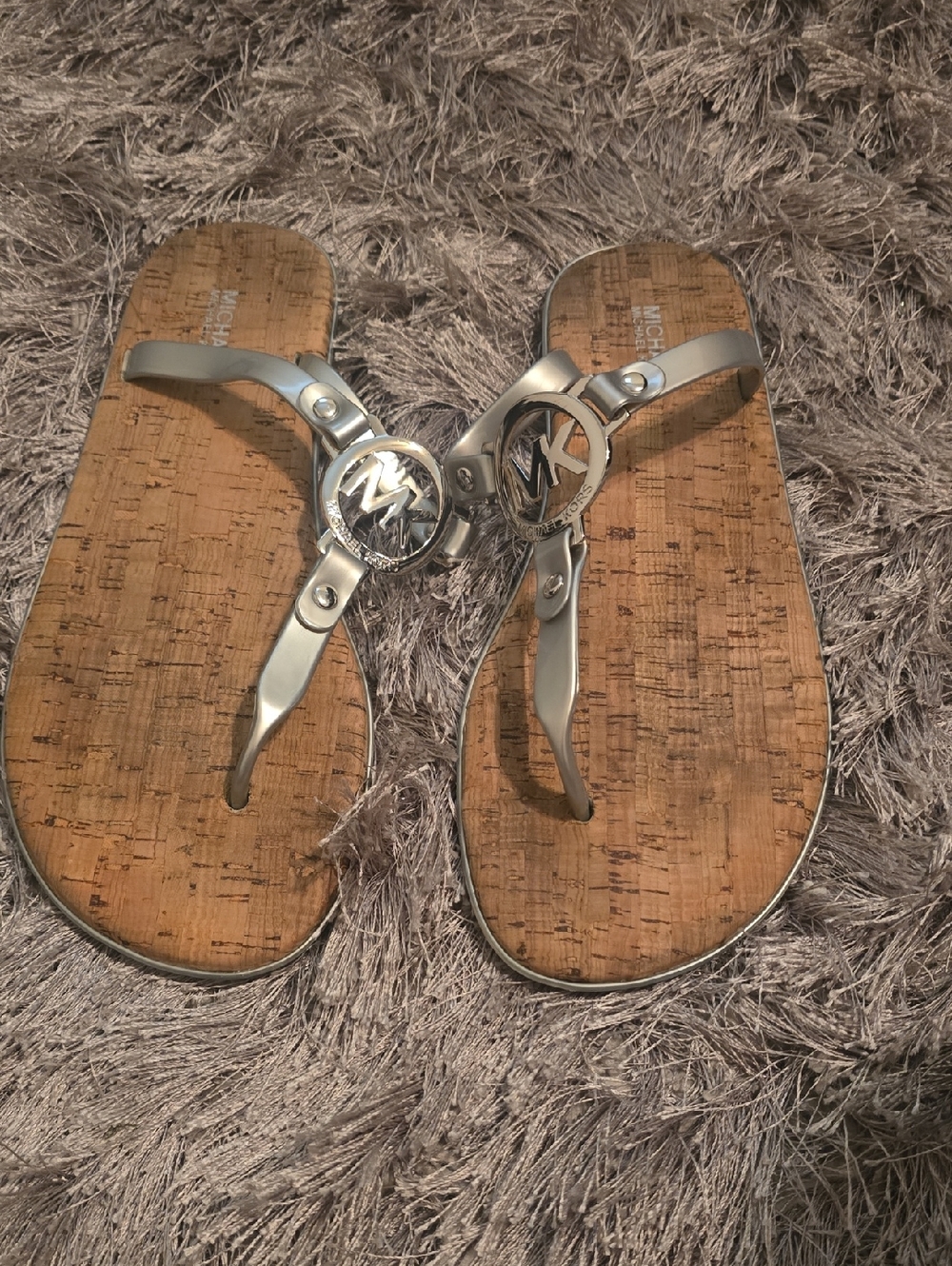 Michael Kors Silver Thong Sandals with Cork Footbed